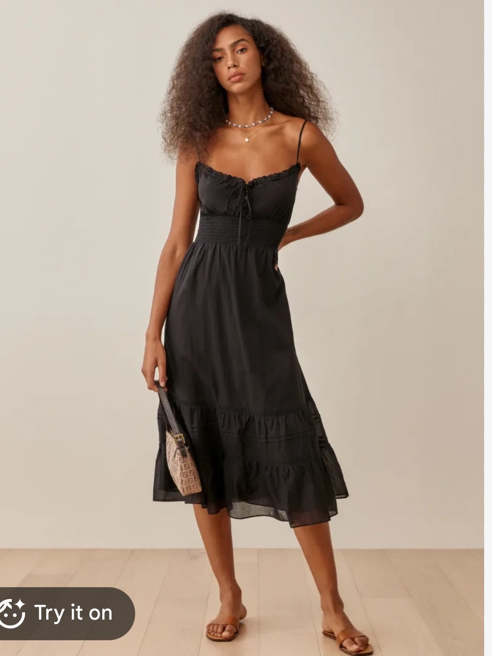 Reformation Landon Dress Black Smocked Midi Dress with Spaghetti Straps